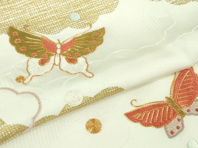 平和屋本店□極上 銀座きしや 訪問着 駒刺繍 雲取り舞蝶文 生成り色地