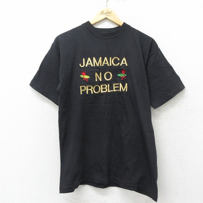 L/古着 半袖 ビンテージ Tシャツ メンズ 90s ジャマイカ サーフィン 刺繍 クルーネック 黒 ブラック 24jun26 中古