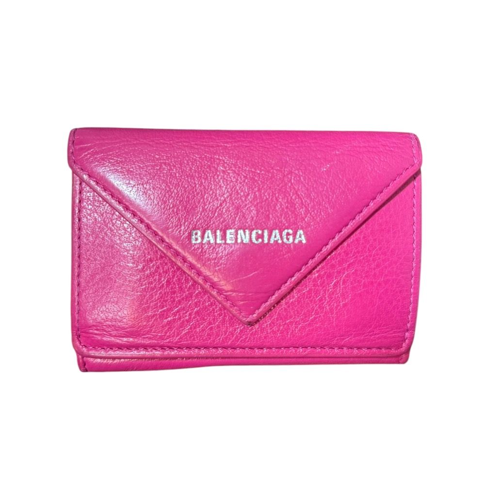 BALENCIAGA バレンシアガ ペーパーミニウォレット レザー コンパクトウォレット 三つ折り財布 ピンク メンズ レディース 古着