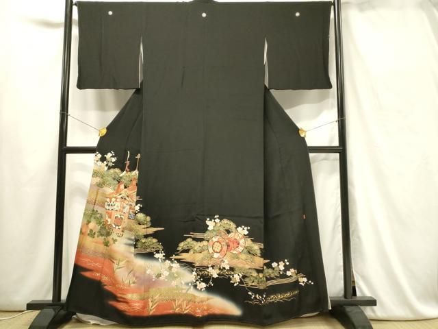 正絹黒留袖　御所車亀甲花文　金彩　④ と袋帯セット 平和屋着物□豪華黒留袖 作家物 山鉾花文 暈し染め 金彩 正絹