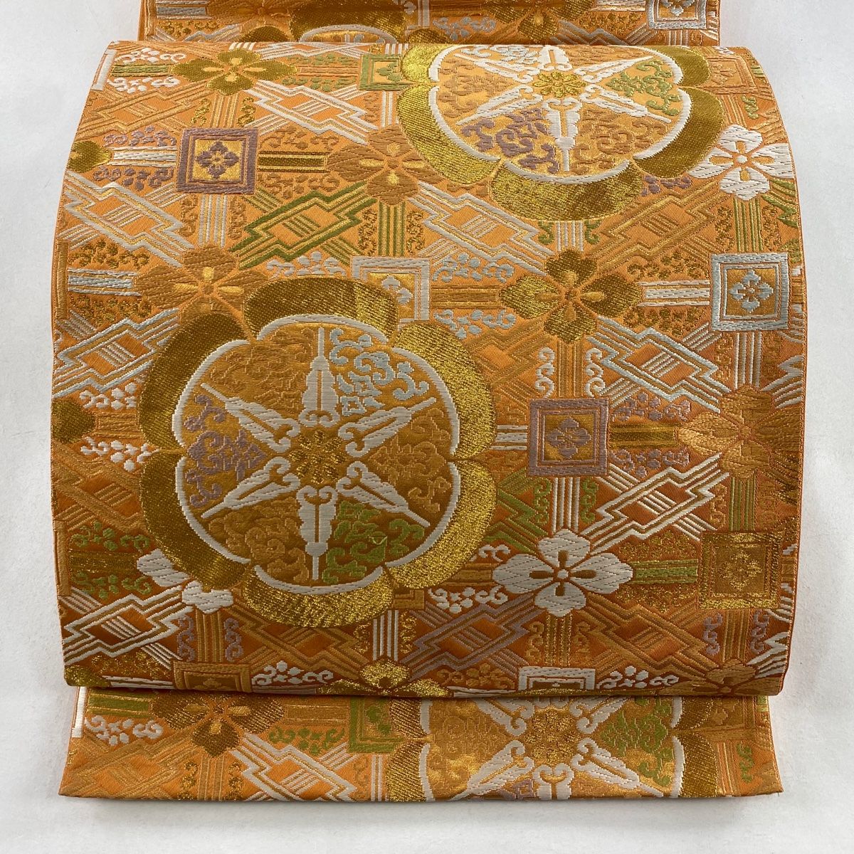 袋帯 秀品 落款 本家加納 華文 花菱 唐織 金糸 オレンジ 六通 正絹