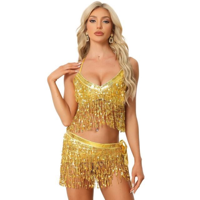 【送料無料】 アレグラ ケー レディース スカート ボトムス Women's Sequins Tassel Crop Top Mini Skirts Sparkly Dance Shiny Set Gold