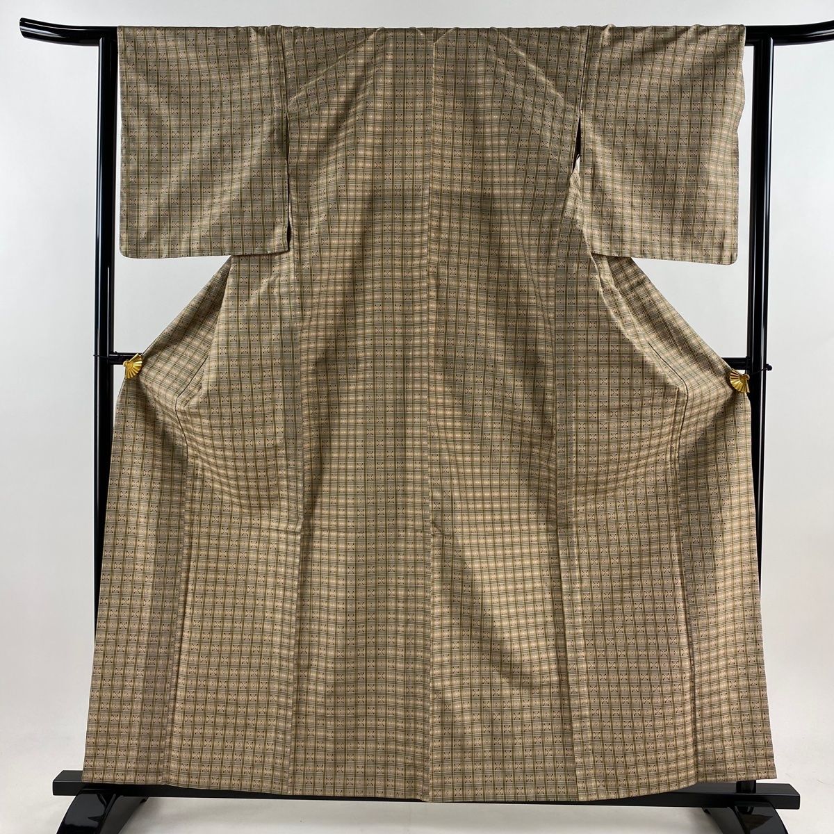 紬 身丈160cm 裄丈64cm M 単衣 格子 幾何学模様 灰茶 正絹