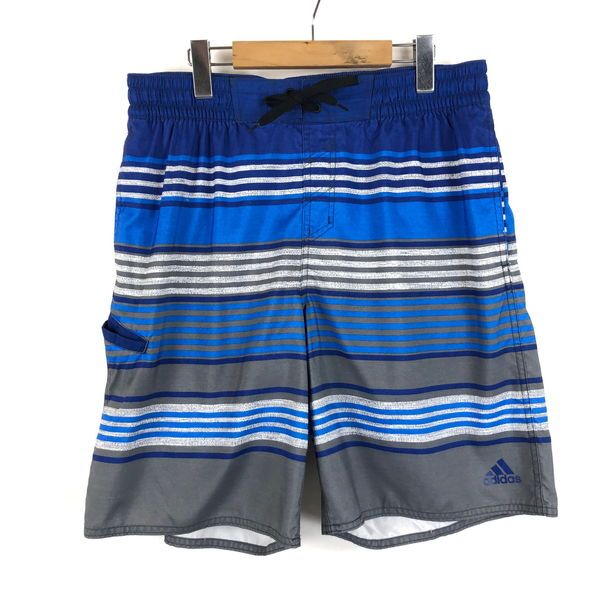 【古着】 adidas アディダス ナイロンショートパンツ スイムショーツ ボーダー グレー系 メンズL 【中古】 n054241