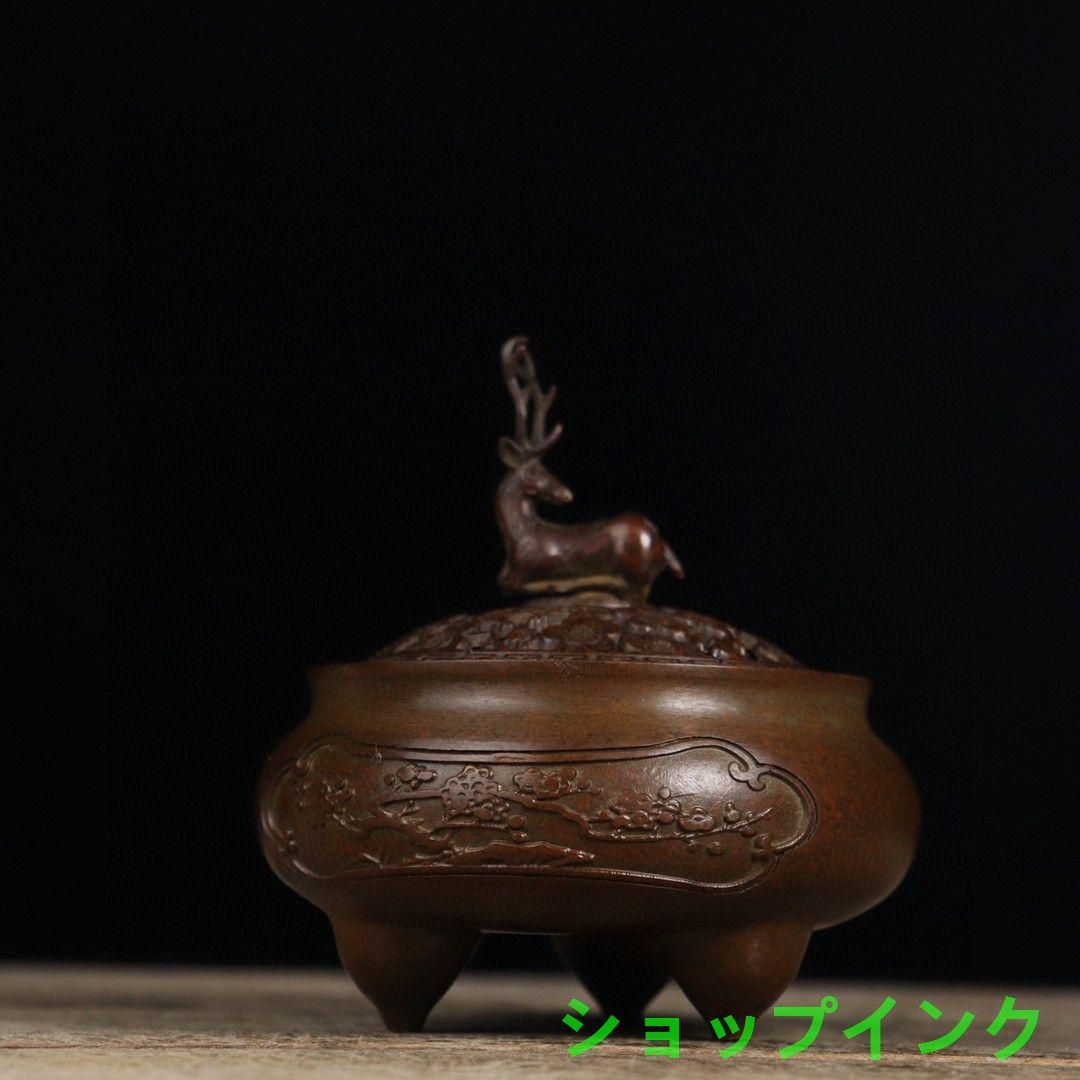 ss1974 未使用品 高岡銅器 香炉 須賀七郎作 玉型 三獅子 三足 双耳 お