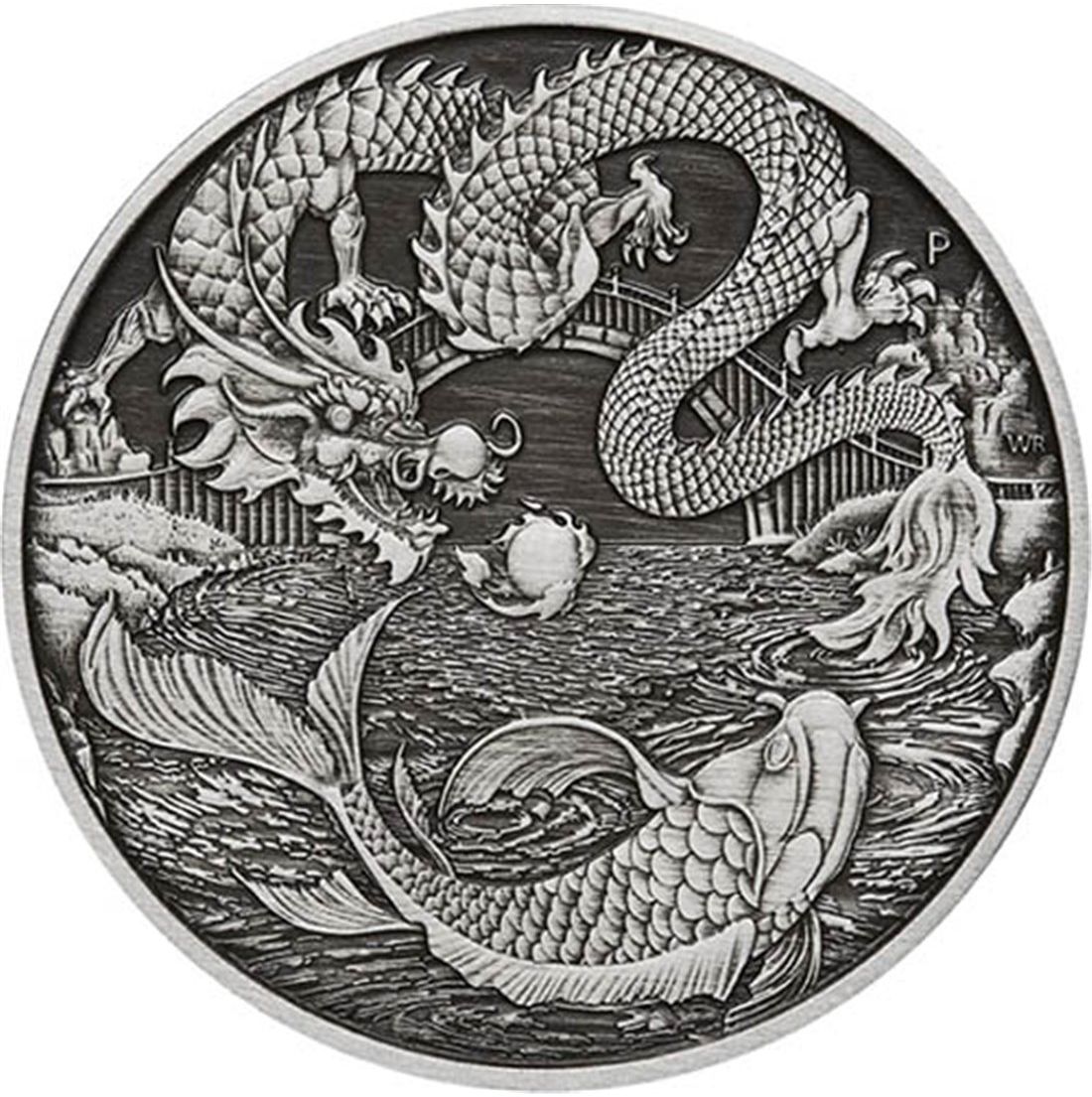 [保証書・カプセル付き] 2023年 (新品) オーストラリア「ドラゴン・龍と鯉」純銀 1オンス アンティーク 銀貨