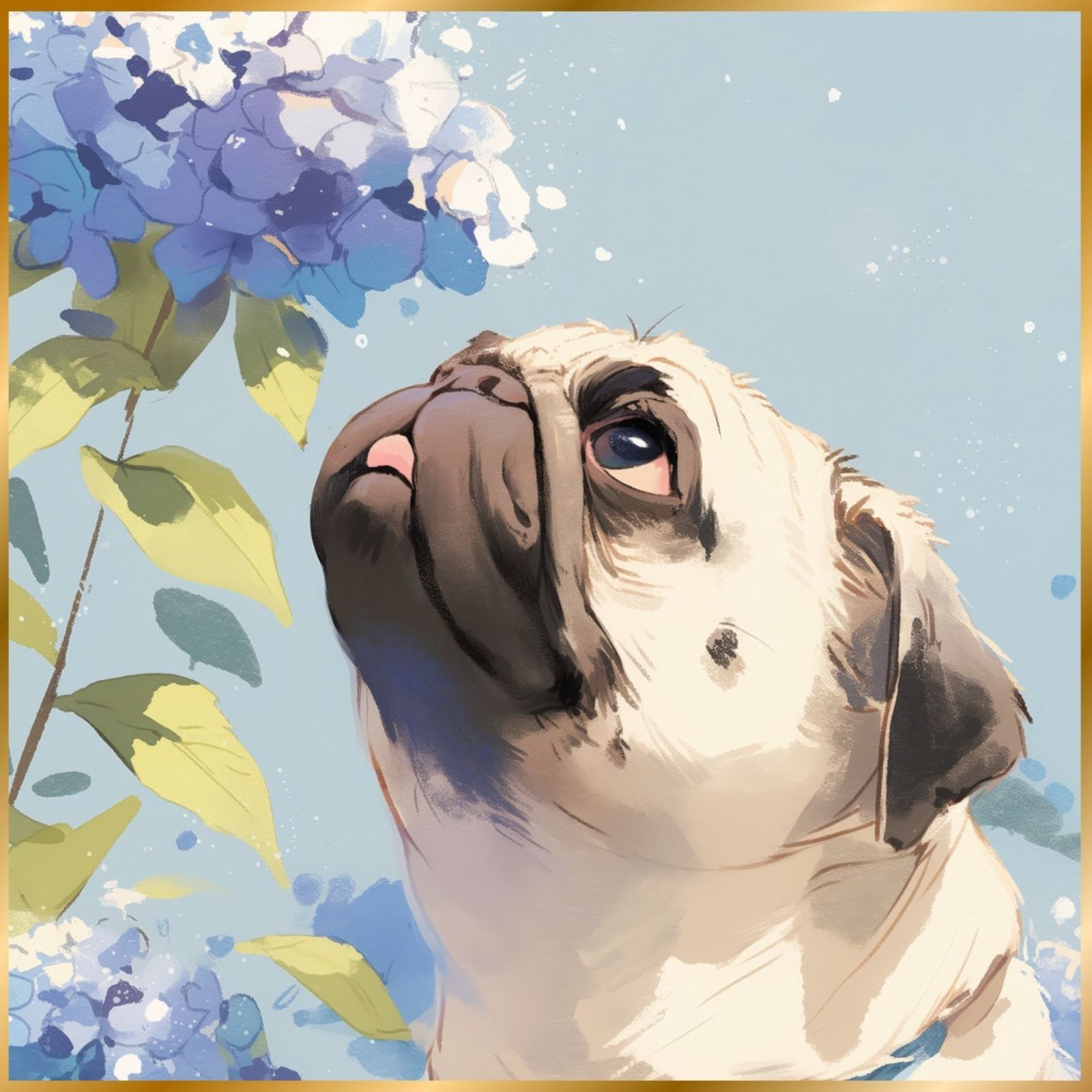 【雨犬戯舞 - パグ犬の子犬 No.1】梅雨・季節・時期・紫陽花・カタツムリ・子犬・うちの子記念日・ペットロス・アートポスター・犬の絵・犬のイラスト