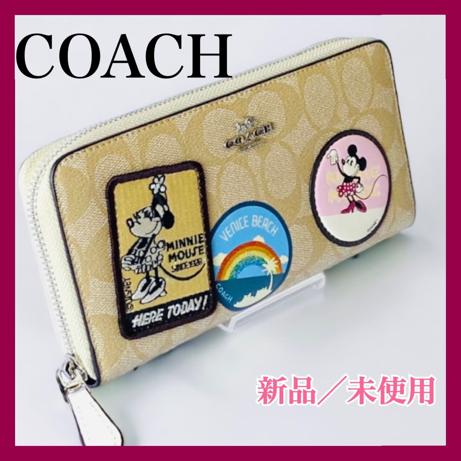 新品 COACH 財布★ディズニー ミニーコラボ ライトカーキ×チャーク コーチ