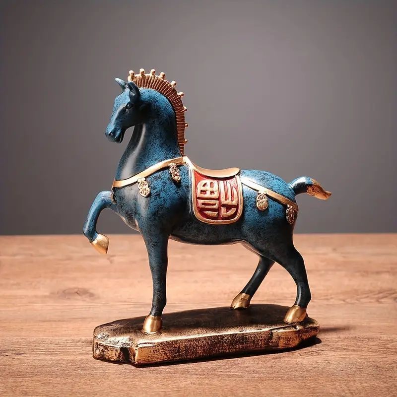 青色の陶器製馬の彫刻 オブジェ 馬 彫刻 置物 アンティーク 雑貨 インテリア ブルー 青