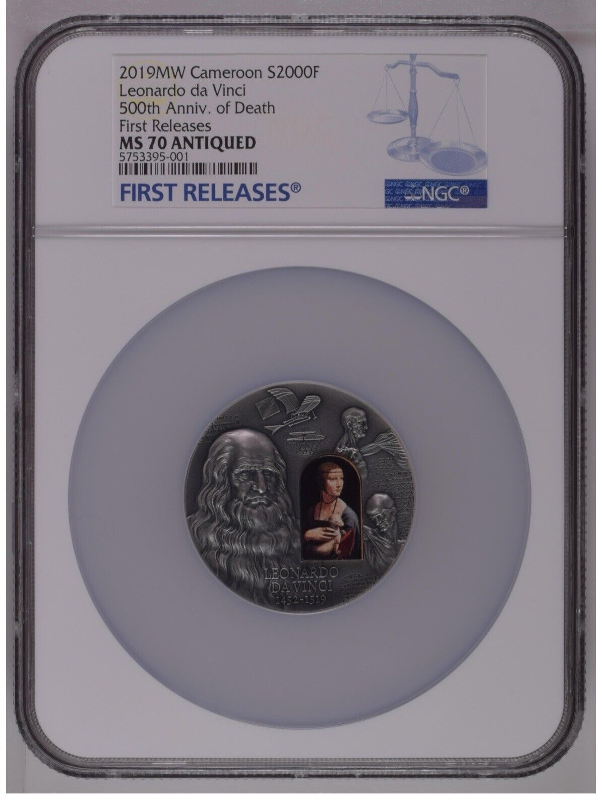 NGC MS70 Cameroon 2019 500th Anniversary Leonardo Da Vinci Death 2oz Silver Coin