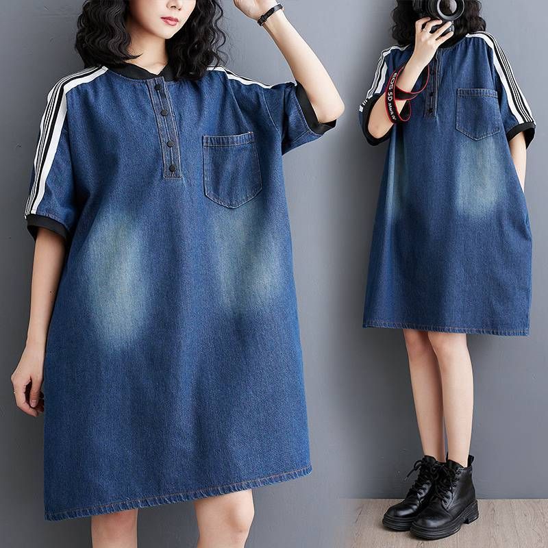 チュニック デニムワンピース 夏 レディース ロング デニム シンプル 美シルエット ワンピース 着やせ かわいい 通勤 通学 カジュアルchaoliu94