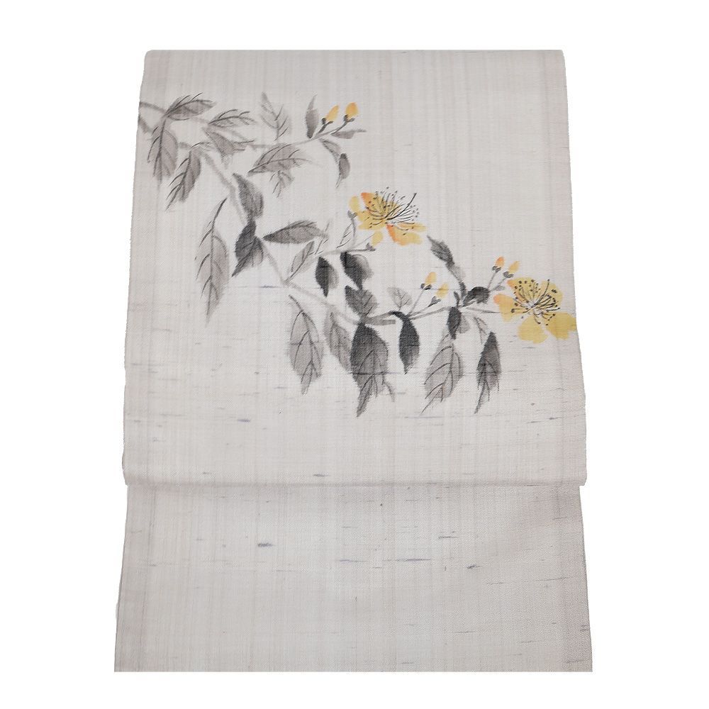 絹芭蕉 名古屋帯 正絹 ライトグレー 手描き 花柄 N3029 未使用品