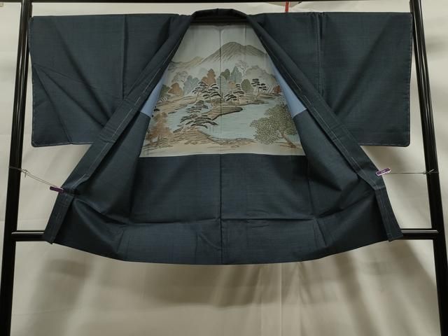 男着物 大島紬 アンサンブル 袷 黒青色 亀甲 正絹 男性用きもの