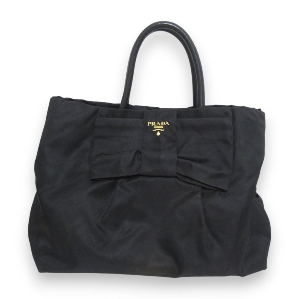美品 PRADA プラダ リボンモチーフ ナイロン レザーハンドル トート 