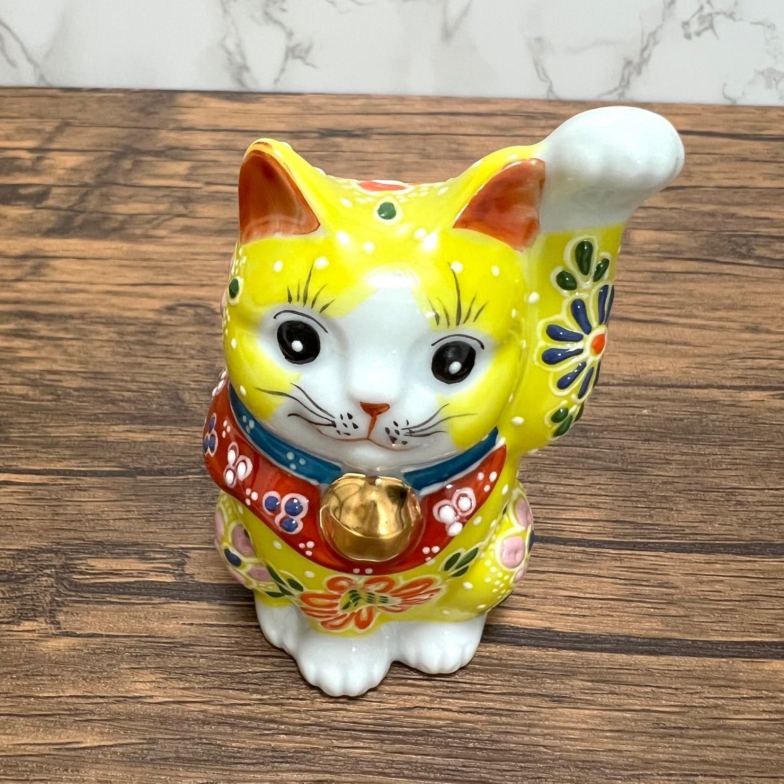 九谷焼】3.3号招き猫 黄 盛 左手 千客万来 縁起物 置物 Maneki Neko