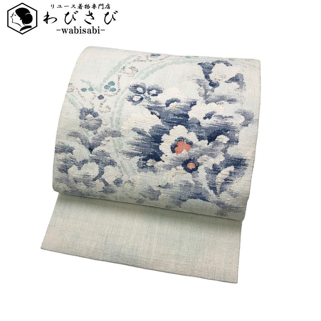 名古屋帯 真綿紬 花模様 卯の花色 O-5624