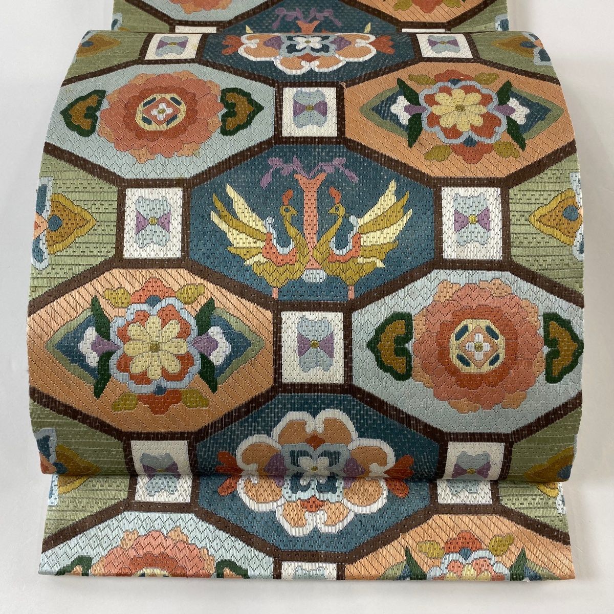 袋帯 逸品 蜀江華文 向かい鳥 絽刺し 金糸 緑 全通 正絹 【中古
