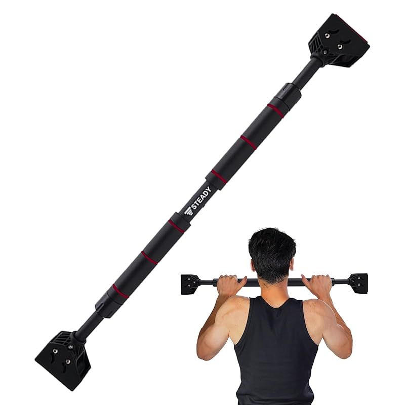 STEADY 懸垂バー 簡単設置 耐荷重150kg 工具不要のワンタッチロック ぶら下がり健康器 懸垂棒 懸垂マシン ドアジム チンニングバー 懸垂 背筋 pull up bar 懸垂器具 懸垂台 筋トレグッズ 自宅 ST124 ブラック-レッド 0