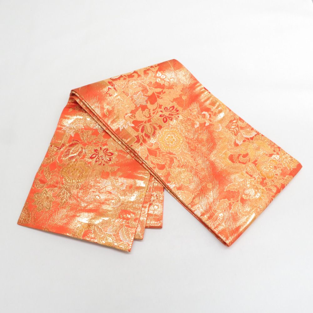 丸帯 絹 金糸 ゴールドxオレンジ色 両面 唐草花に羽根模様 全通