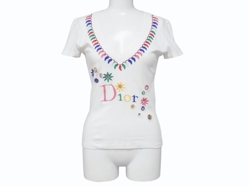 美品　ガリアーノ期　クリスチャンディオール　Tシャツ　花柄　王冠　サイズM　白 極美品 Christian Dior クリスチャンディオール Vネック半袖T