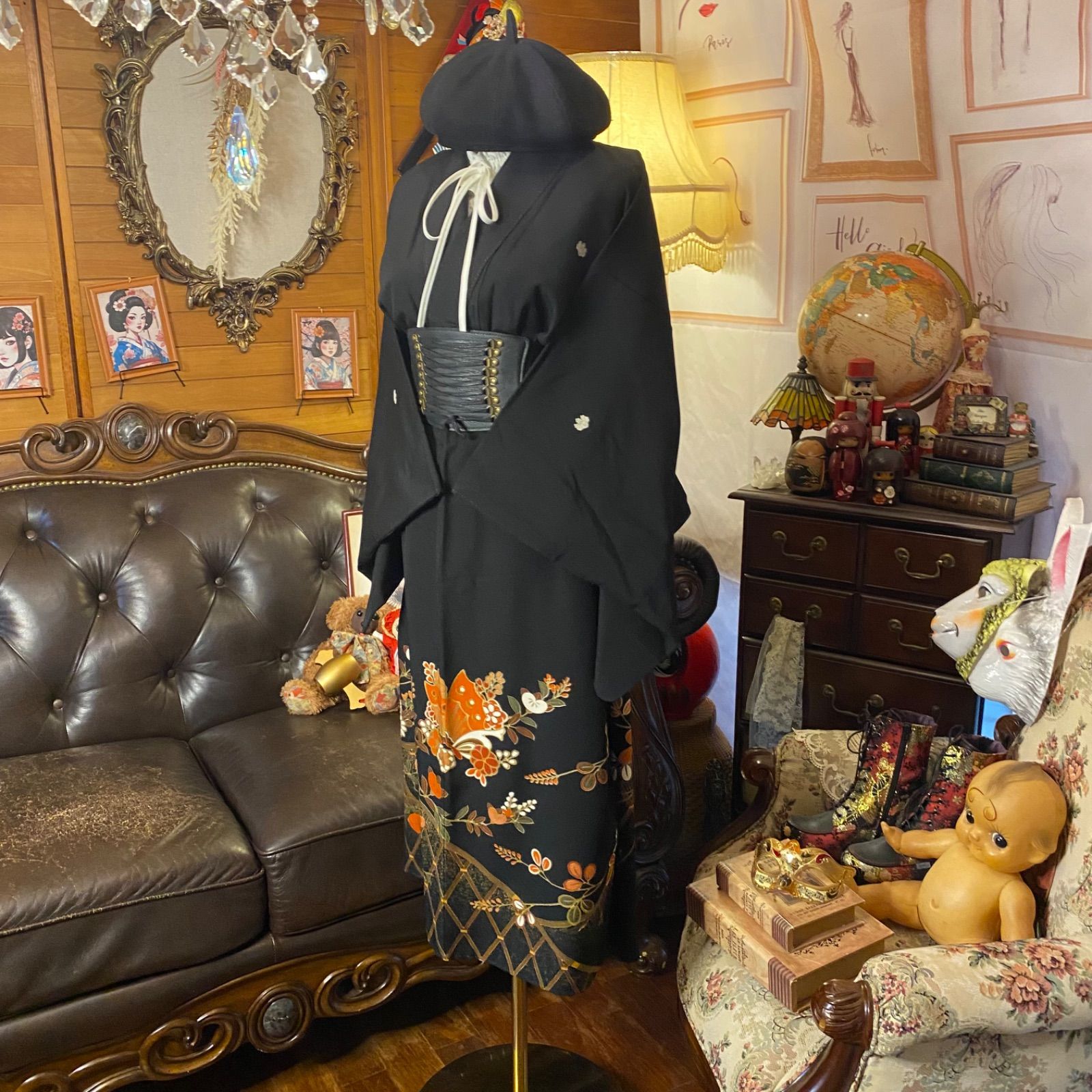 和洋折衷 黒留袖 着物 リメイク セミロング ワンピース ドレス 洗える