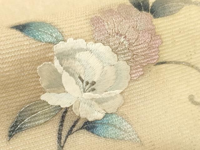 平和屋着物○九寸名古屋帯 紬地 刺繍 枝花文 金彩 正絹 逸品 未使用  