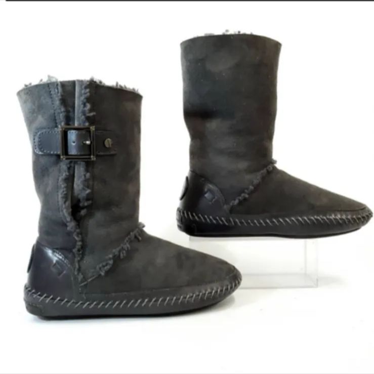 Tory Burch トリーバーチ ムートンブーツ 踵ロゴ ヌバック×レザー×ムートン 22.5cm