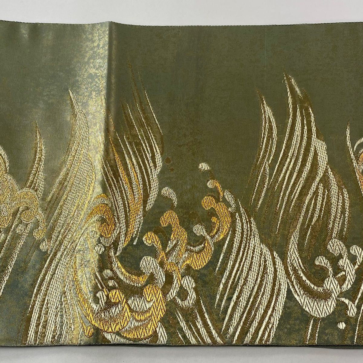 袋帯 秀品 落款 岩井友見 波頭 金銀糸 箔 薄緑 六通 正絹 【中古