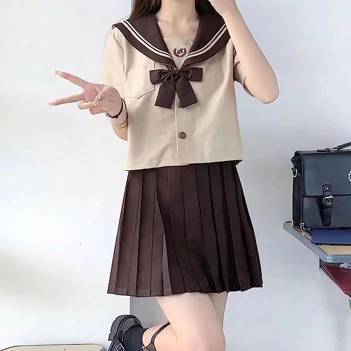 イナリ商事 セーラー服 半袖 関西襟 シャツ スカート 蝶結び付き 学生 高校生 コスプレ 制服 学園祭 文化祭 3点セット 茶色( ブラウン,  XL) - メルカリ