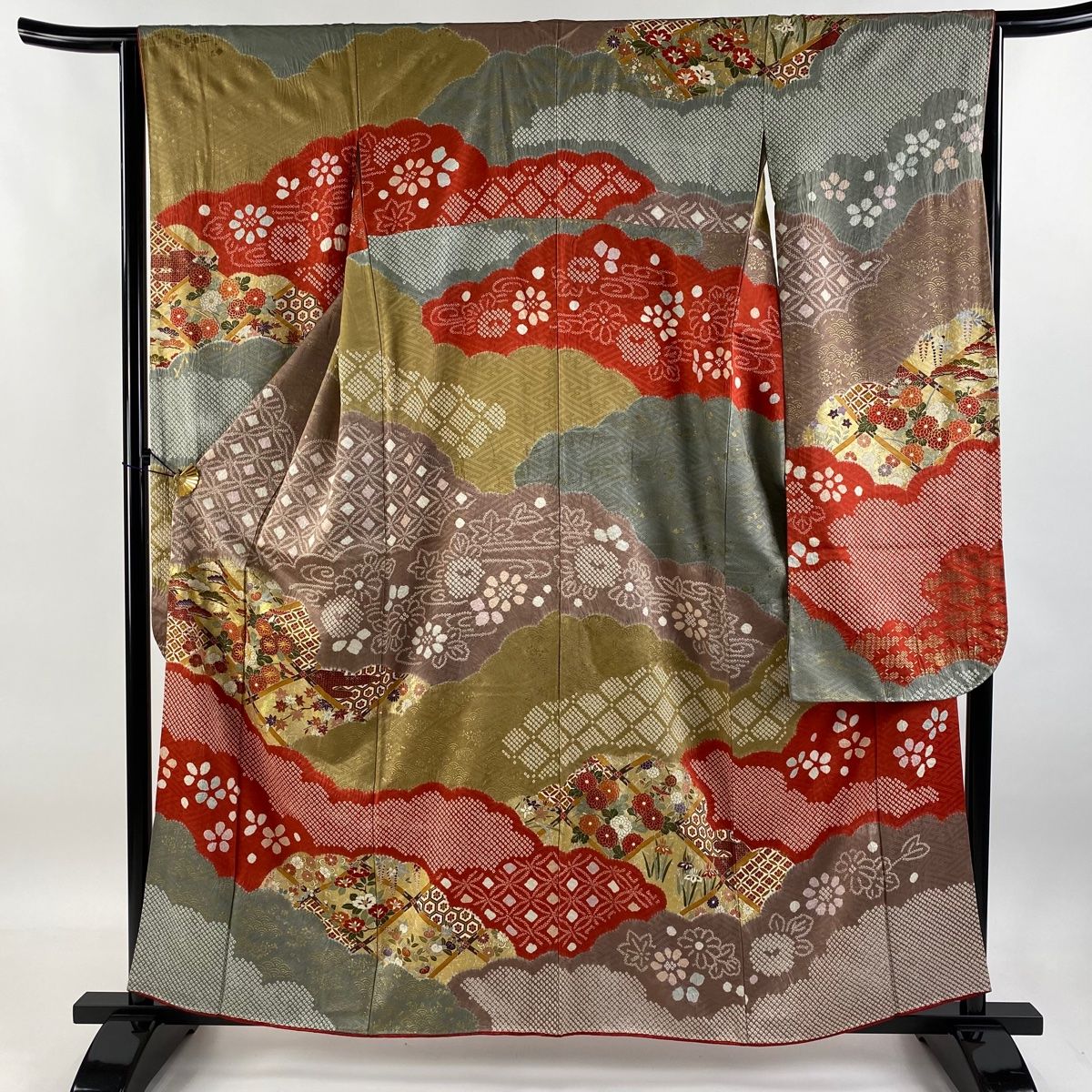 振袖 身丈160cm 裄丈65cm M 袷 菊 七宝 絞り 金糸 朱色 正絹 秀品