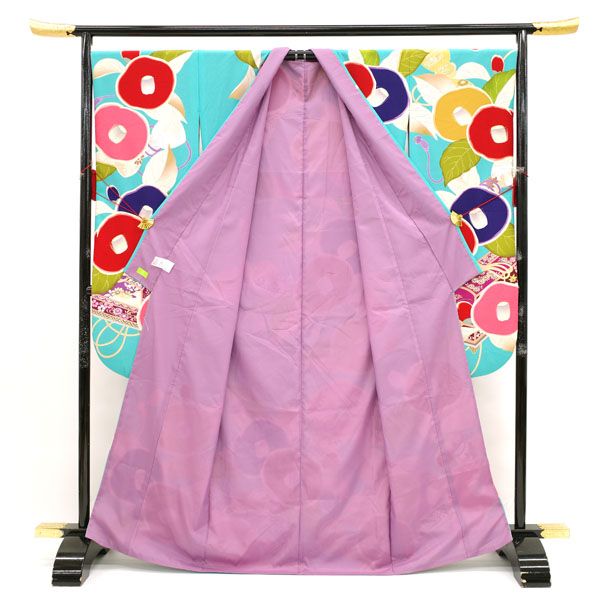 芸艸堂 UNSODO 振袖 モダン椿柄 中古 美品 日本製 ポリエステル 中古】 振袖 袷 着物 芸艸堂 UNSODO 金彩加工 椿 古典柄 朱赤