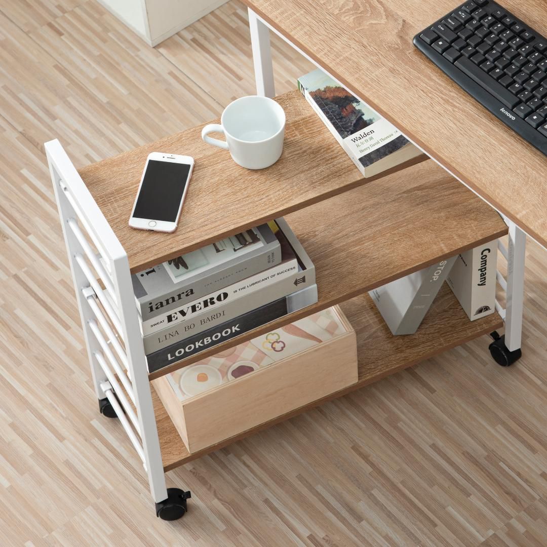 ナチュラルパソコンデスク キャスター付きで移動可能ラック付き