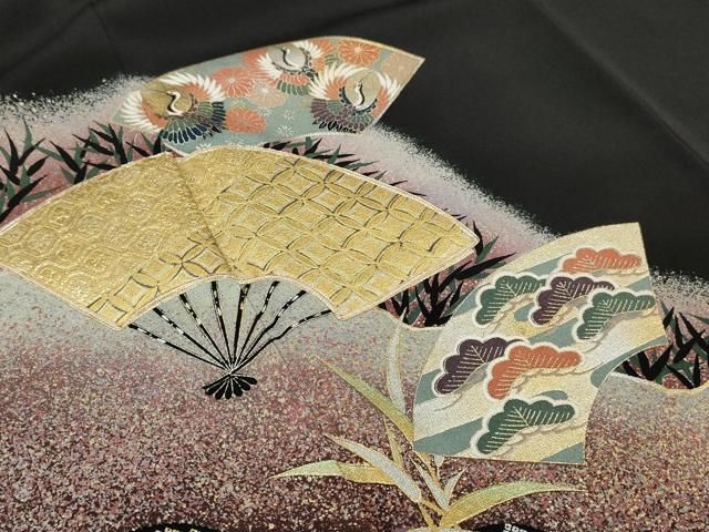 ■✨豪華お振り袖【黒地 扇面 花柄 金駒刺繍 銀彩 正絹】 成人式・結婚式 白黒地振袖 扇子 金駒刺繍｜振袖ギャラリー | 成人式の振袖