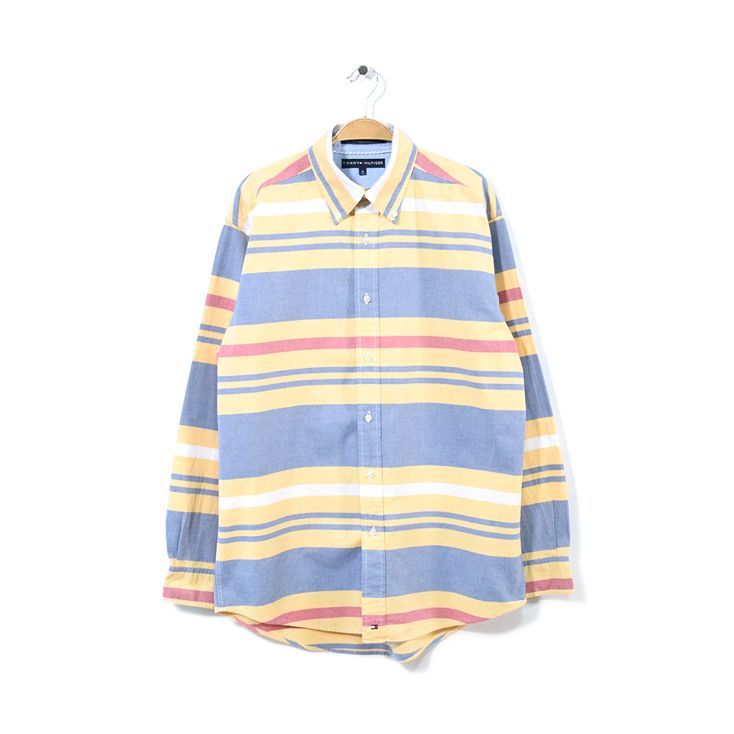 トミーヒルフィガー コットン ボーダー柄 長袖シャツ BDシャツ ボタンダウン メンズM ネイティブ TOMMY HILFIGER 古着 CA0929