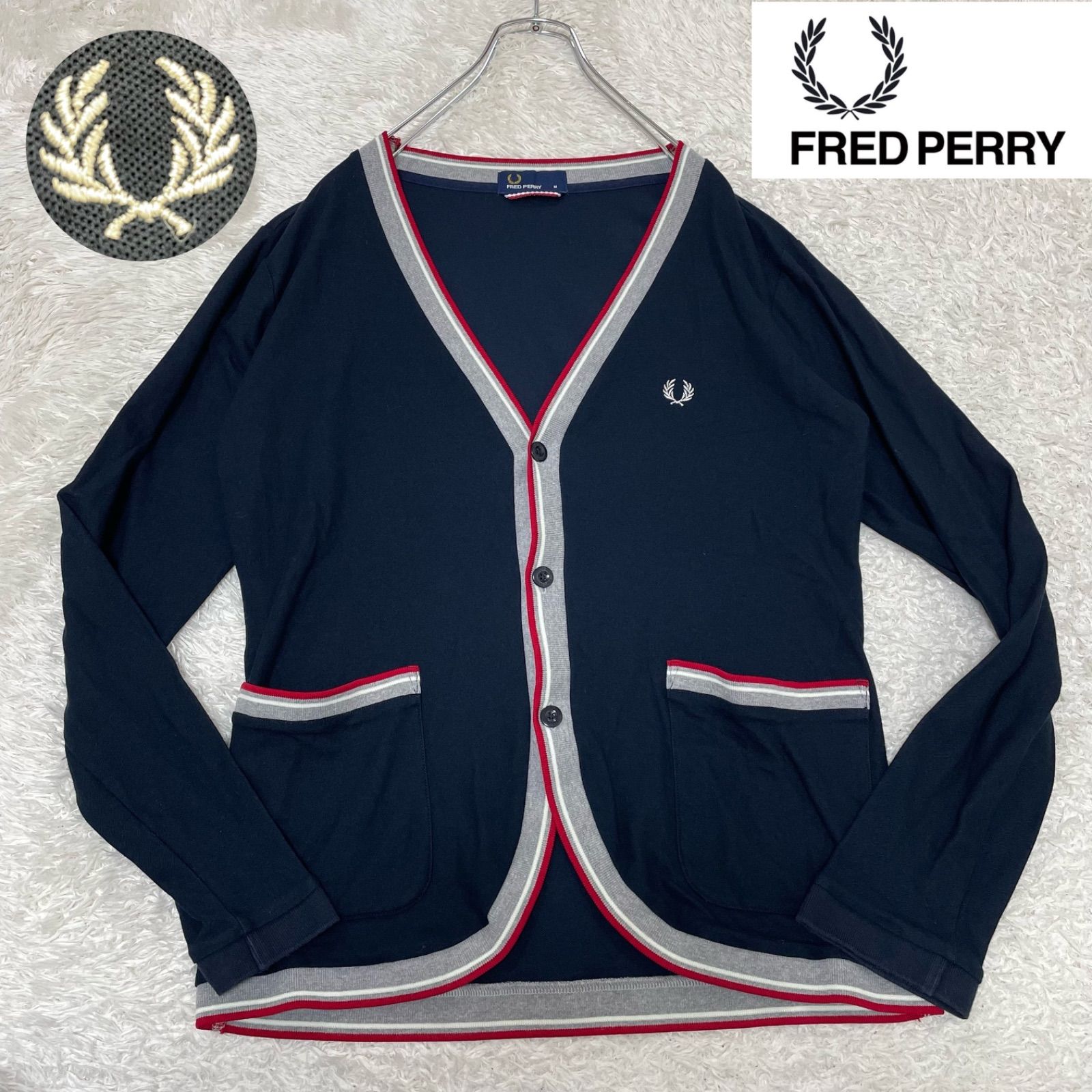 FRED PERRY Vネックカーディガン ダークネイビー 美品 フレッドペリー カーディガン Mサイズ 紺 Vネック ロゴ