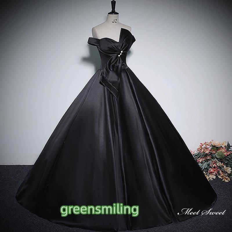 パーティードレス オフショルダー ブラック ロング丈 カラードレス ウエディング 二次会 発表会 演奏会用 花嫁 立体レース 光沢サテン 体型カバー設計