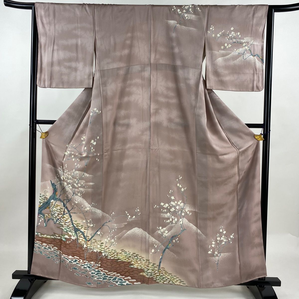 訪問着 身丈160.5cm 裄丈64.5cm M 袷 枝花 山並み 金銀彩 ぼかし 灰紫 正絹 名品