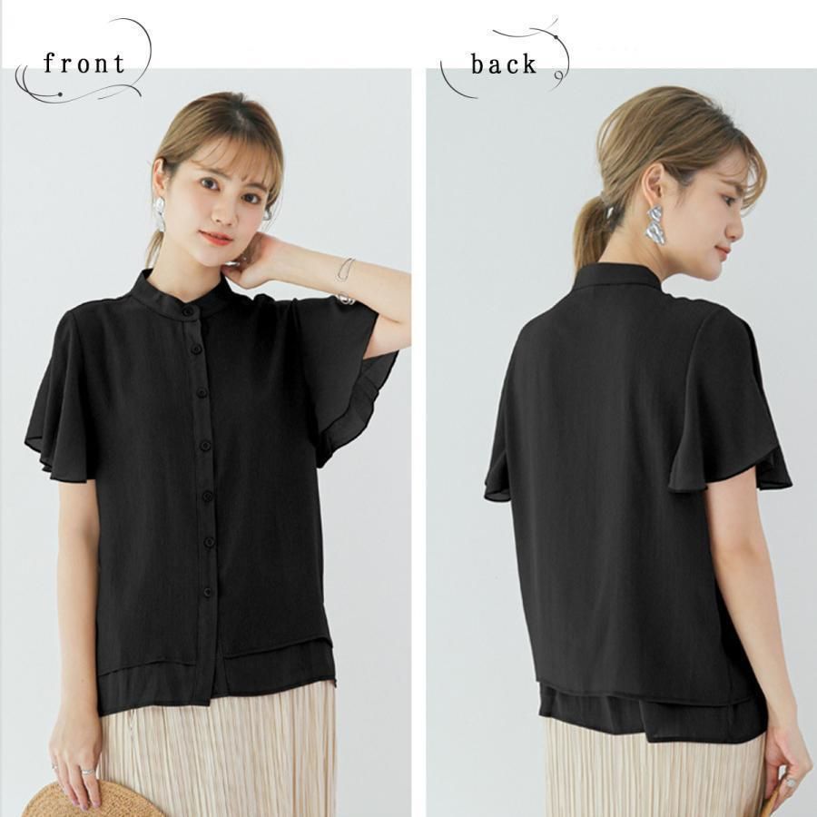 ラッフルスリーブ ブラウス レディース 半袖 シフォン トップス 抑揚 シャツ きれいめ 仕事 可愛い フリル フリル袖 オシャレ ふんわり フェミニン オフィス ラッフルスリーブ ブラウス レディース 半袖 シフォン トップス