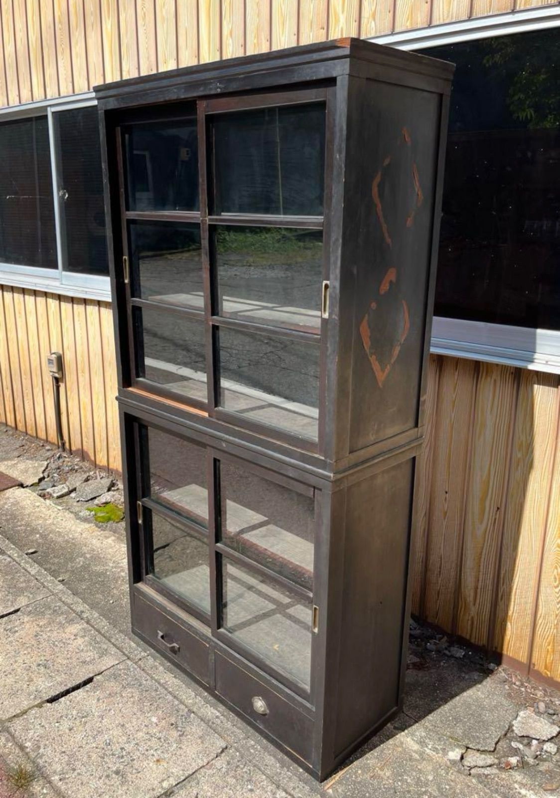 ガラス戸棚　水屋箪笥　食器棚　本棚　アンティーク　上下セパレート式　ガラスケース 水屋箪笥 ガラスケース 食器棚 古家具 アンティーク 本棚 上下