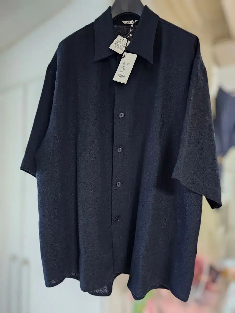 AURALEE(オーラリー) 24SS リネン シルク ツイード 半袖 シャツ ネイビー 5 サイズ