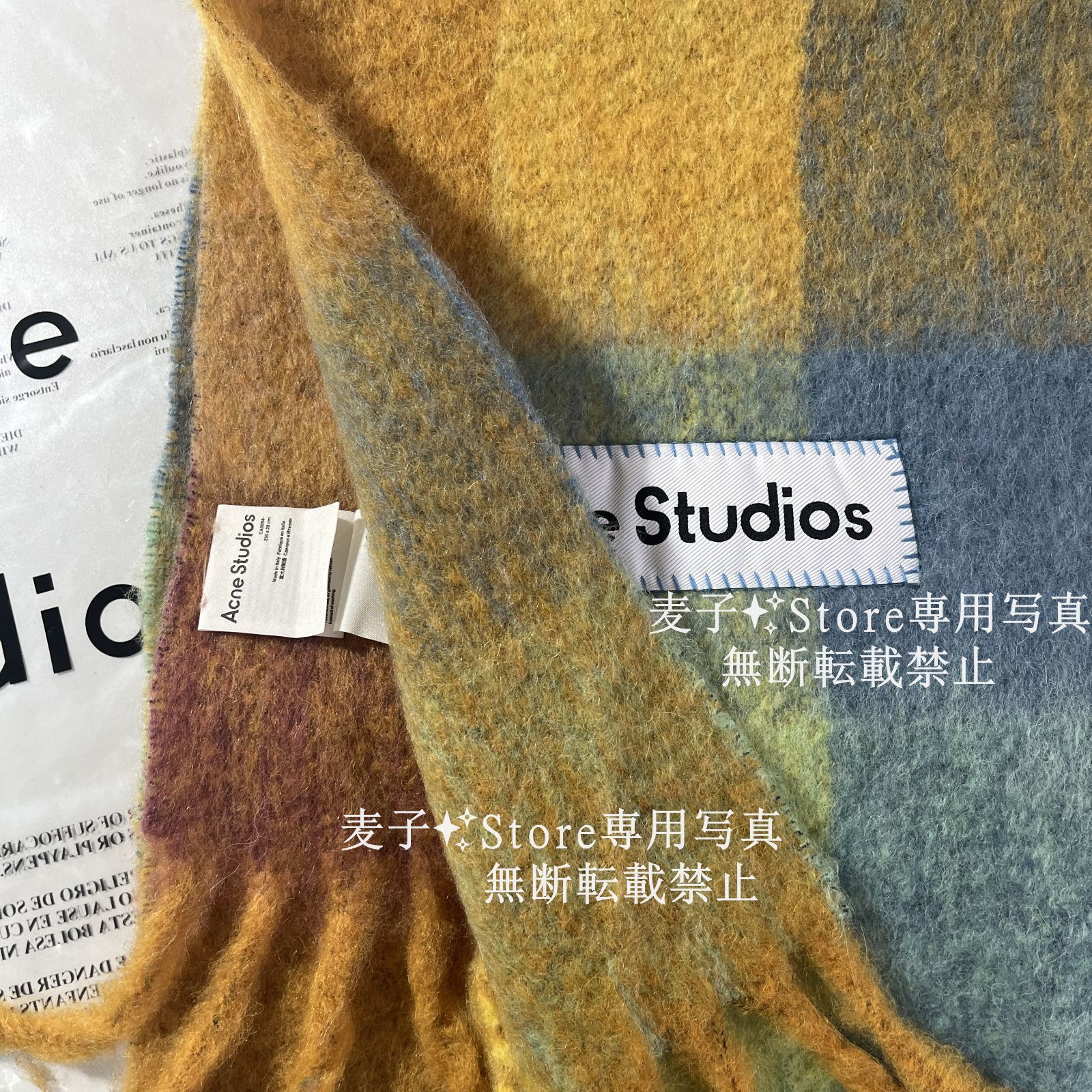 新品】 Acne Studiosアクネ ストゥディオズ マフラー モヘアチェック スカーフ ブルー/オレンジ/イエロー - メルカリ