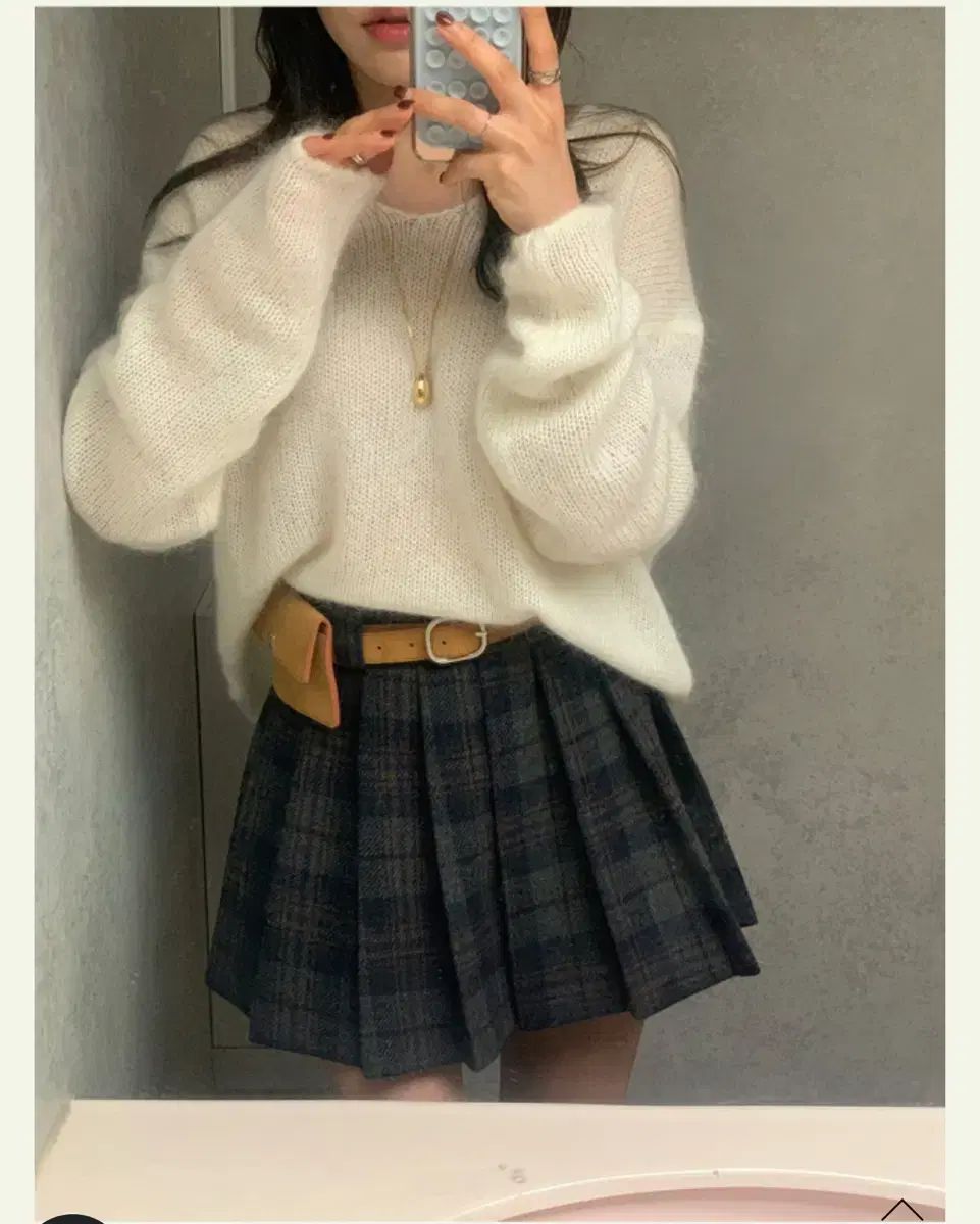 白 モヘア ニット CHECK プリーツ スカート modern robe