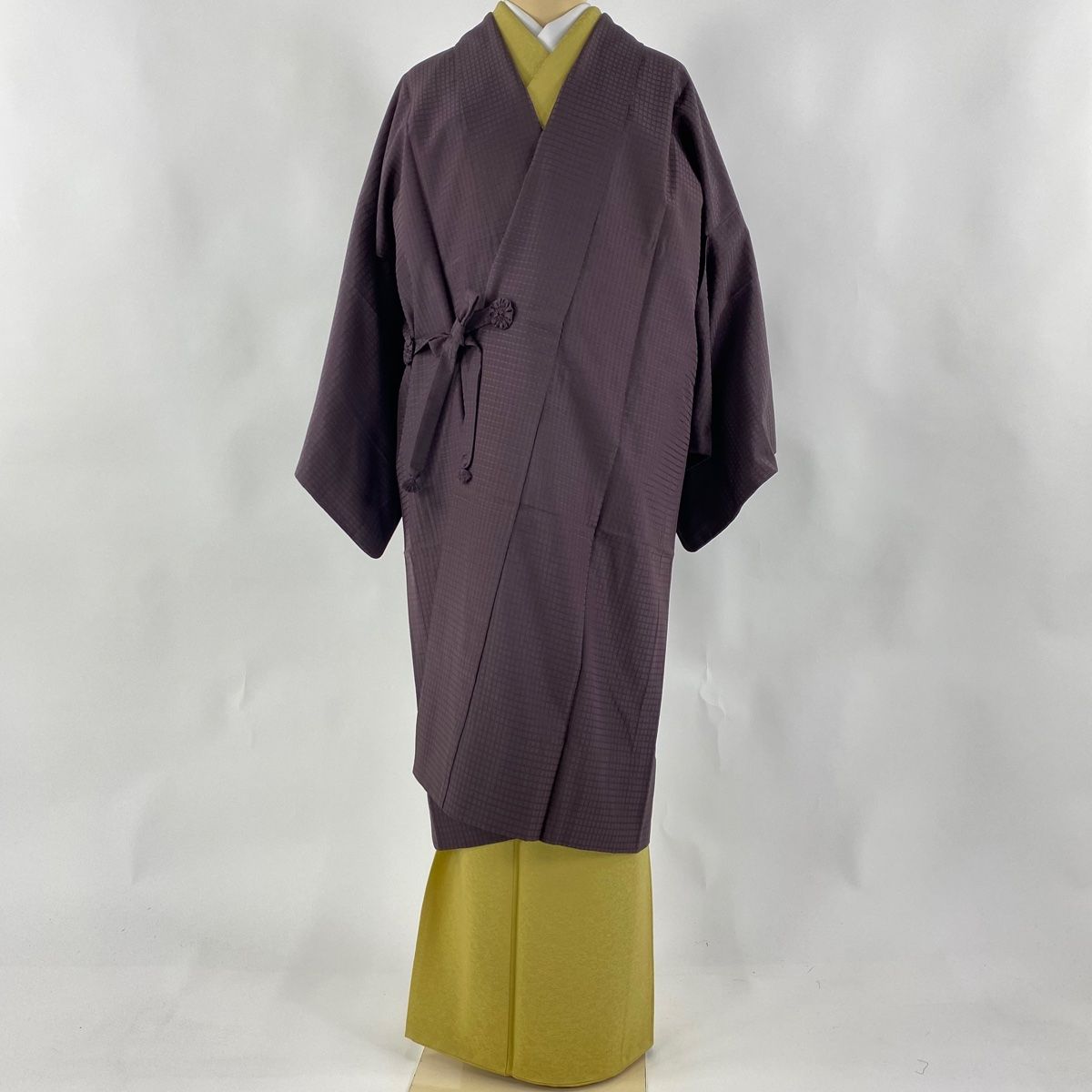 道中着 身丈109cm 裄丈64cm M 和装コート 格子 茶紫 正絹 美品 逸品  