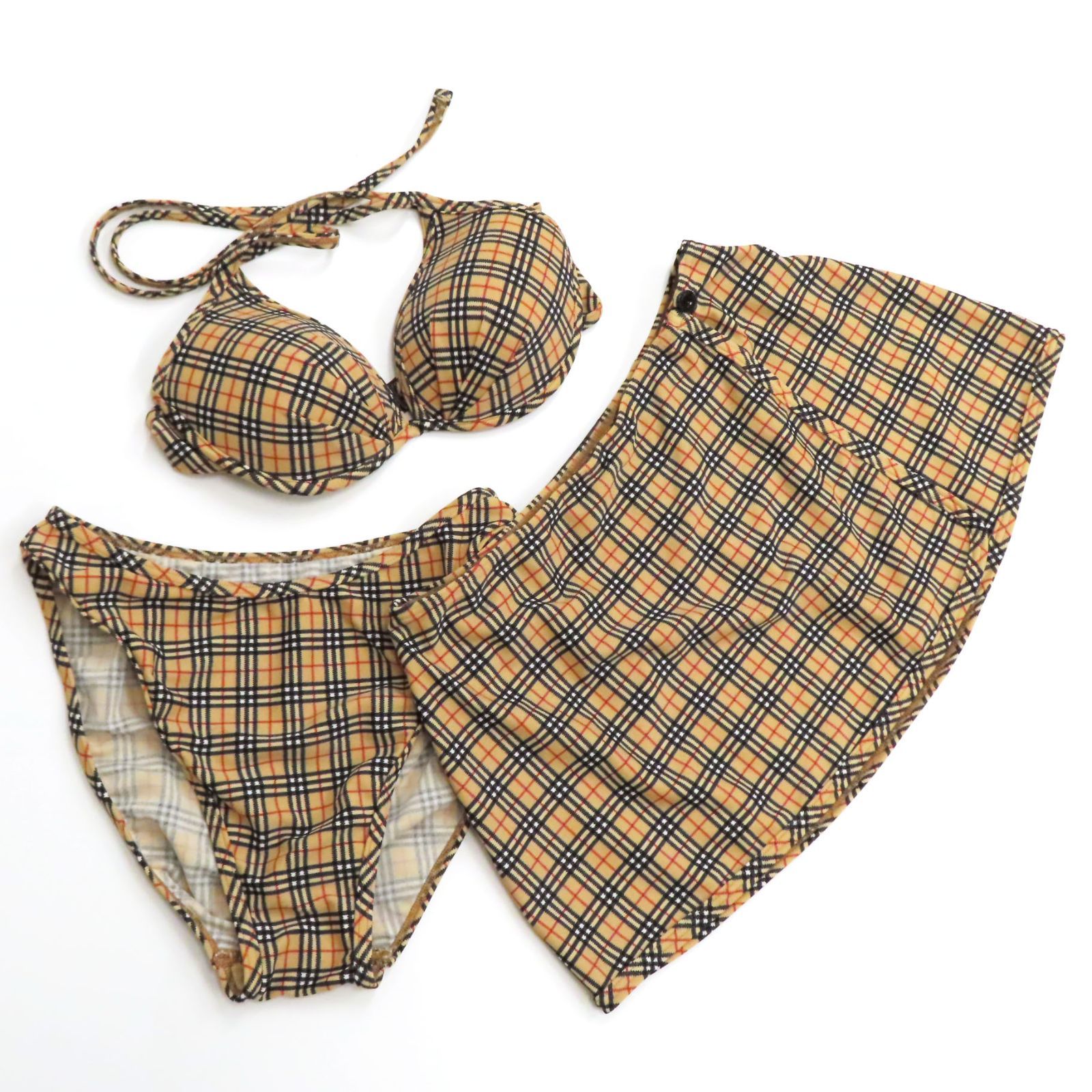 11388 BURBERRY BLUE LABEL バーバリーブルーレーベル ノバチェック柄 セパレート 水着 ビキニ 3点セット sizeM ベージュ系 クリーニング済み