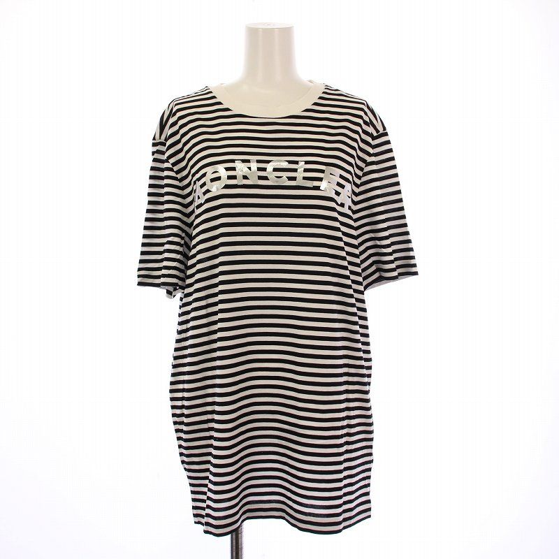 モンクレール MONCLER MAGLIA T-SHIRT Tシャツ カットソー 半袖 クルーネック ストレッチ ロゴ プリント ボーダー柄 S 黒 ブラック 白 ホワイト |BB