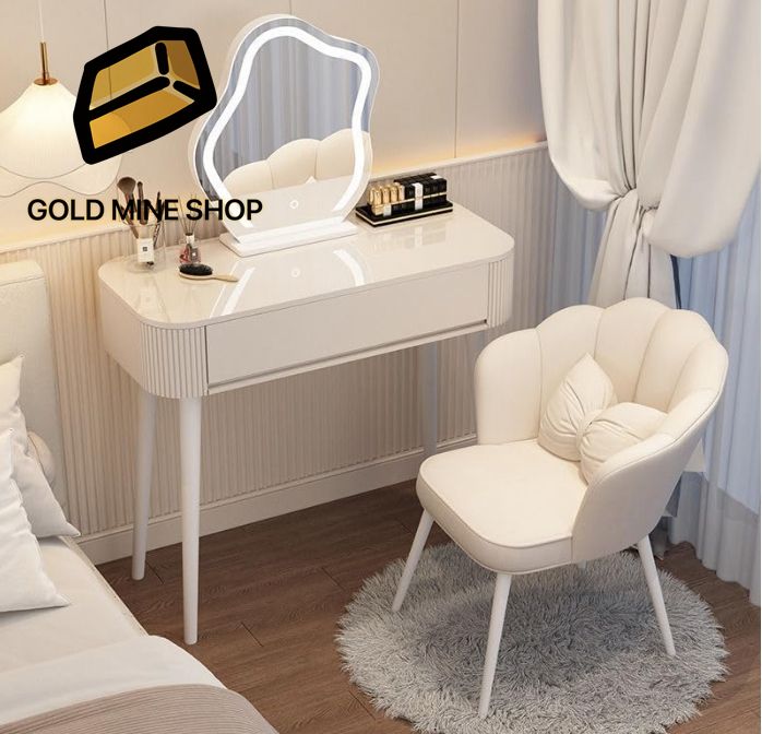 北欧風オシャレドレッサー ホワイトLED3段調節ミラー付ドレッサー 椅子