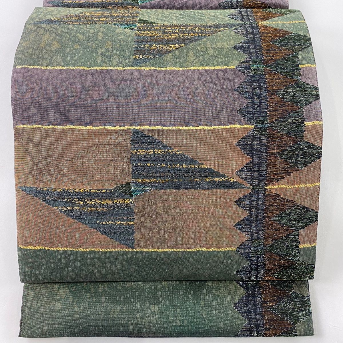 袋帯 秀品 落款 段縞 幾何学模様 ラメ糸 箔 深緑 六通 正絹