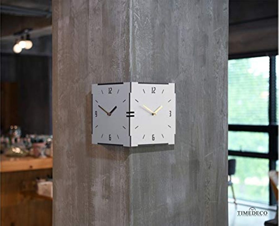 コーナー両面時計-white ハンドメイド 木製両面壁掛け時計
