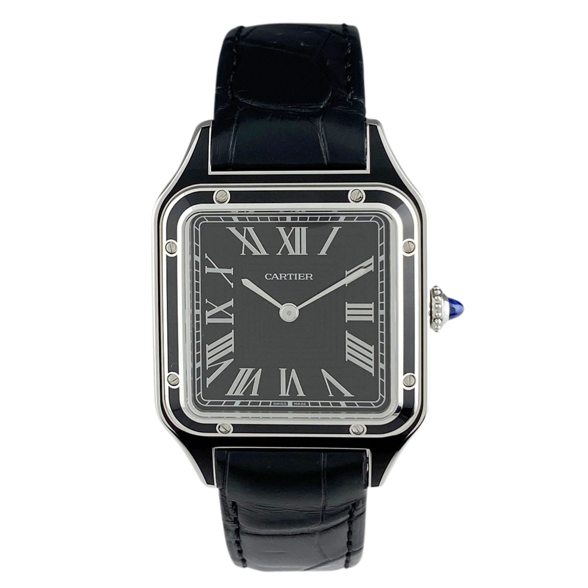 カルティエ CARTIER サントスデュモン LM ローマン WSSA0046 腕時計 SS レザー 手巻き ブラック メンズ 【中古】