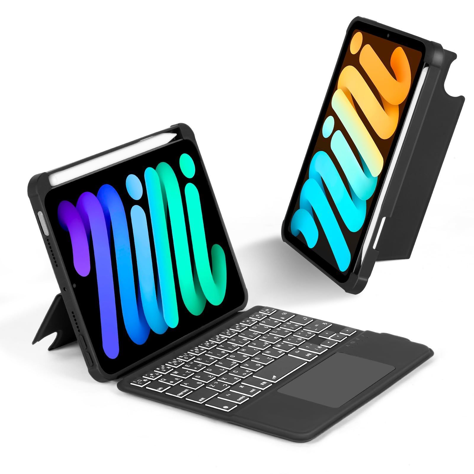 軽量 黒 2021 2025アップルアイパッドミニ第6世代 第7世代 mini mini タッチパッド付きマジックキーボード140°調整 なスタンドペンホルダーカバーiPad 7色バックライト磁気取り外し USB-C充電 2021キーボード付きケース 8
